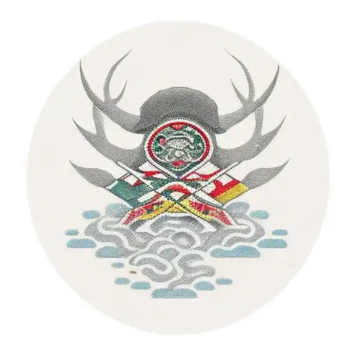An emblem with a Banderole in front of it. The Emblem should contain a Burrito  and a Caribou.The Emblem should  tattoo design idea