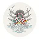 An emblem with a Banderole in front of it. The Emblem should contain a Burrito  and a Caribou.The Emblem should  tattoo design idea