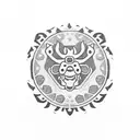 An emblem with a Banderole in front of it. The Emblem should contain a Burrito  and a Caribou.The Emblem should  tattoo design idea