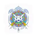 An emblem with a Banderole in front of it. The Emblem should contain a Burrito  and a Caribou.The Emblem should  tattoo design idea