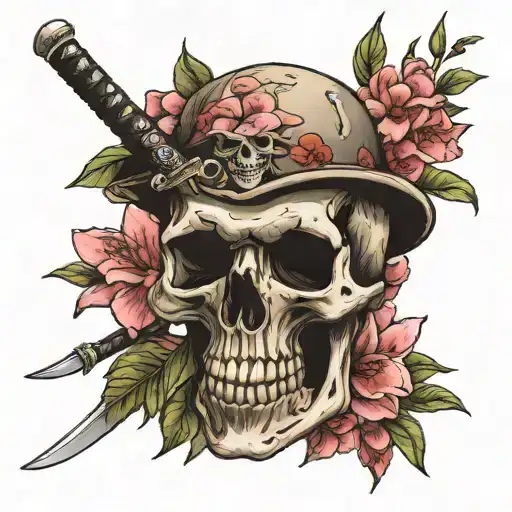 oleander flower, samurai skull, katana tattoo design idea