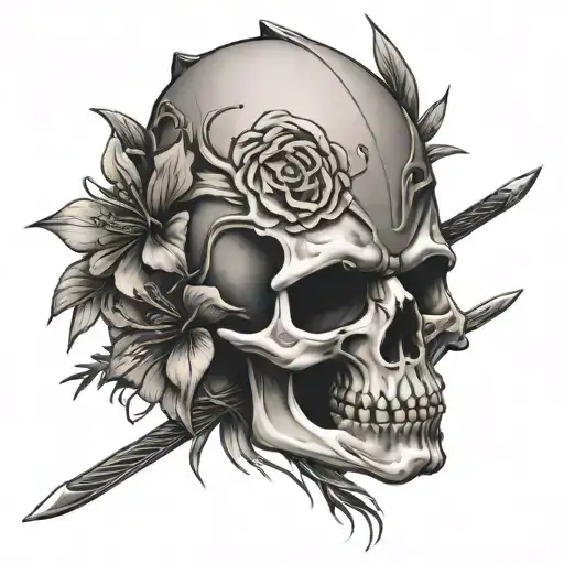 oleander flower, samurai skull, katana in the middle, symetric tatoo tattoo design idea