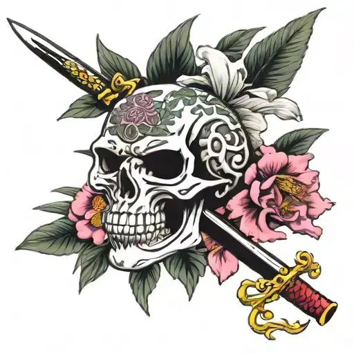 oleander flower, samurai skull, katana, symetric tattoo design idea