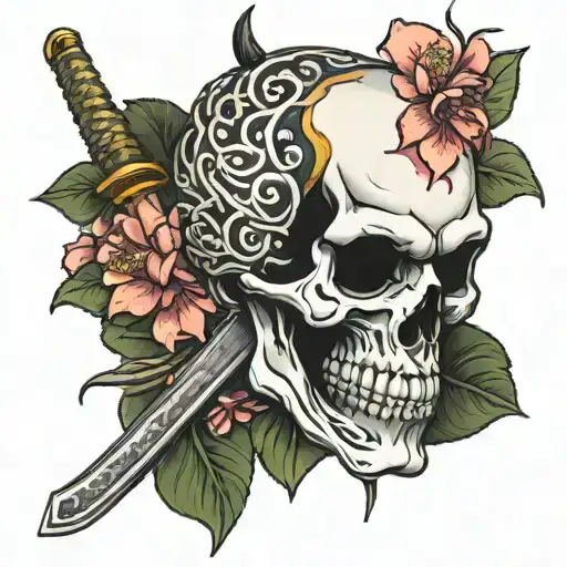 oleander flower, samurai skull, katana in the middle, symetric tatoo tattoo design idea
