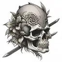 oleander flower, samurai skull, katana in the middle, symetric tatoo tattoo design idea