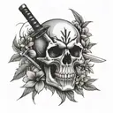 oleander flower, samurai skull, katana in the middle, symetric tatoo tattoo design idea