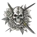 oleander flower, samurai skull, katana in the middle, symetric tatoo tattoo design idea