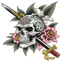 oleander flower, samurai skull, katana, symetric tattoo design idea