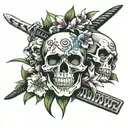 oleander flower, samurai skull, katana, symetric tattoo design idea