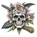 oleander flower, samurai skull, katana, symetric tattoo design idea