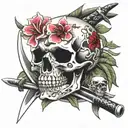 oleander flower, samurai skull, katana, symetric tattoo design idea