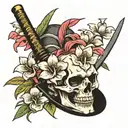 samurai skull, oleander flower, katana tattoo design idea