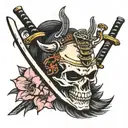 samurai skull, oleander flower, katana tattoo design idea