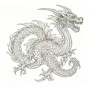 A dragon intertwined with Chinese calligraphy characters representing perseverance and wisdom tattoo design idea