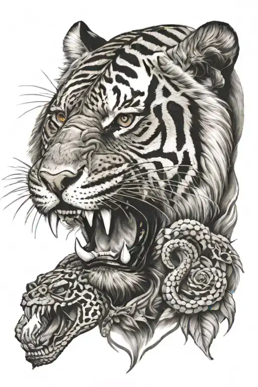 a snake with a skull. A tiger and a lion tattoo design idea