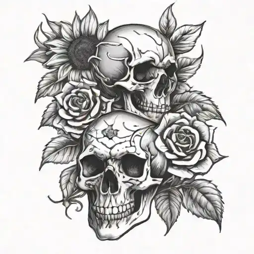 skull with roses and sunflowers tattoo design idea