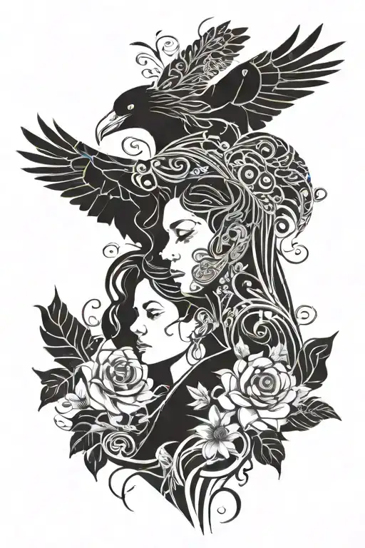 mother and son with a raven with flowers and nature tattoo design idea
