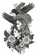 mother and son with a raven with flowers and nature tattoo design idea