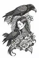 mother and son with a raven with flowers and nature tattoo design idea
