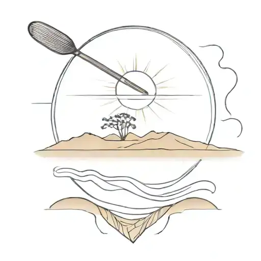 A sun setting over a vast desert landscape with a rowing paddle sticking out of the sand tattoo design idea