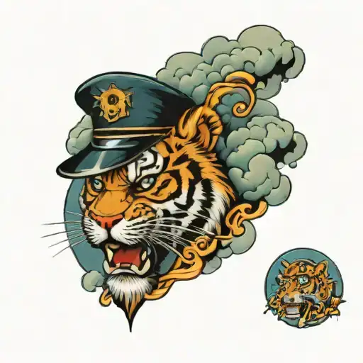 tiger and ilumatti eye with clouds and soldiers tattoo design idea