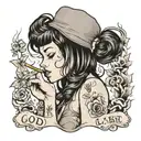 a sad girl smoking a cigarette with the words "Good Luck, Babe" underneath tattoo design idea