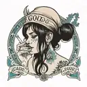 a sad girl smoking a cigarette with the words "Good Luck, Babe" underneath tattoo design idea
