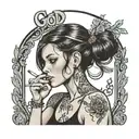 a sad girl smoking a cigarette with the words "Good Luck, Babe" underneath tattoo design idea
