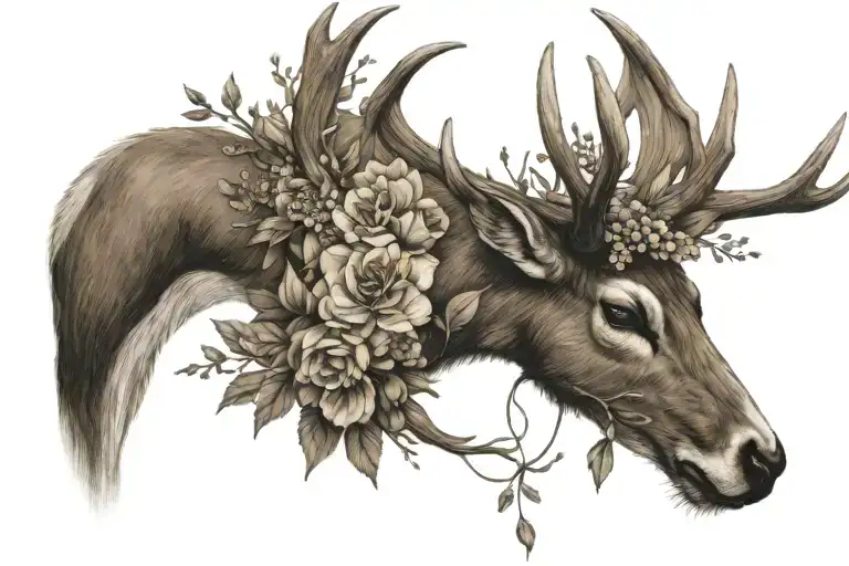 Deer antlers with flowers in the middle  tattoo design idea