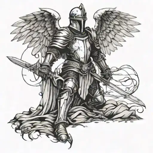 The knight stands on one knee with a sword stuck into the ground, he has large angelic wings spread, and in the background there is dry tattoo design idea