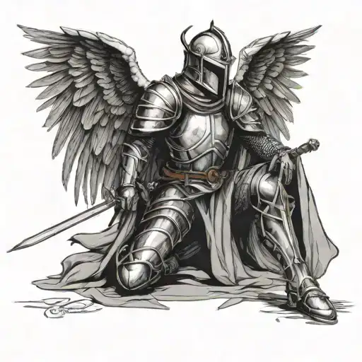 The knight stands on one knee with a sword stuck into the ground, he has large angelic wings spread, and in the background there is dry tattoo design idea