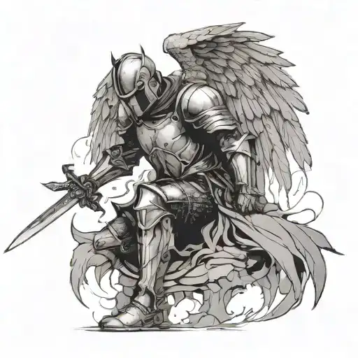 The knight stands on one knee with a sword stuck into the ground, he has large angel wings spread, and against the backdrop of devastation tattoo design idea