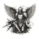 The knight is standing on one knee with his sword stuck in the ground, he has large angelic wings spread out, and in the background there is dry grass. tattoo design idea