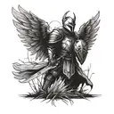 The knight is standing on one knee with his sword stuck in the ground, he has large angelic wings spread out, and in the background there is dry grass. tattoo design idea