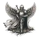 The knight is standing on one knee with his sword stuck in the ground, he has large angelic wings spread out, and in the background there is dry grass. tattoo design idea