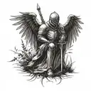 The knight is standing on one knee with his sword stuck in the ground, he has large angelic wings spread out, and in the background there is dry grass. tattoo design idea