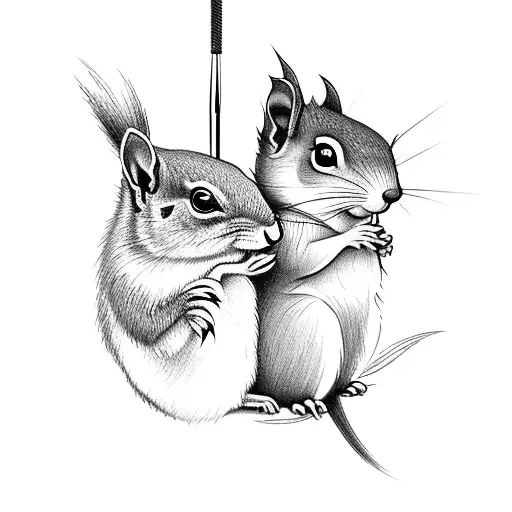 A charming tattoo of a squirrel and a scissortail flycatcher sitting together on a crochet hook, showcasing the client's passions for nature and crochet. tattoo design idea