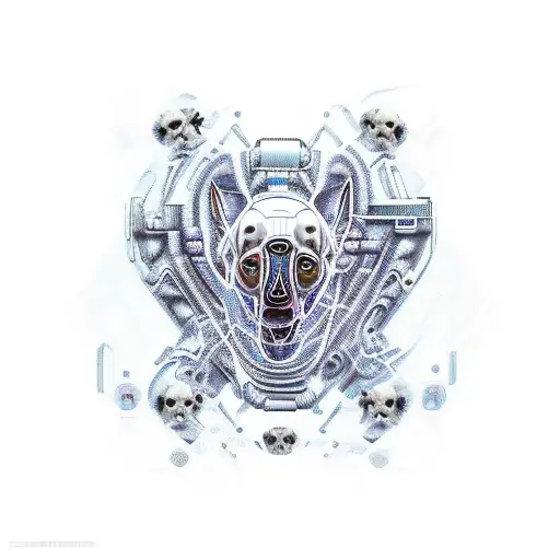 A futuristic cybernetic dog with a skull pattern, blending technology and nature tattoo design idea