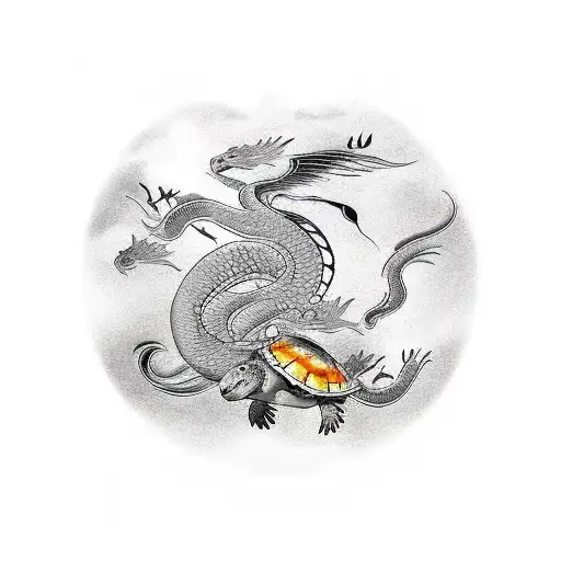 golden dragon with swallow birds and a sea turtle tattoo design idea