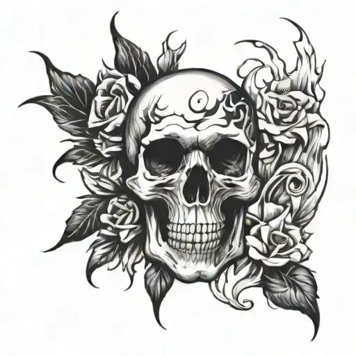 jawless skull,and flaming heart eyes tattoo design idea