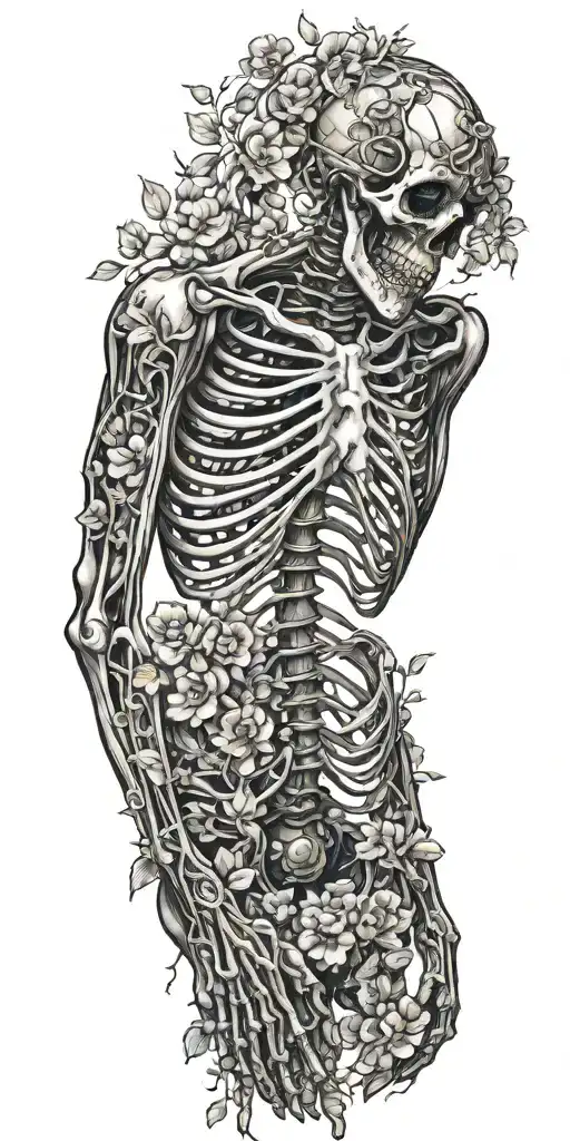 A Full skeleton with ribs arms legs wrapped in vines and flowers tattoo design idea