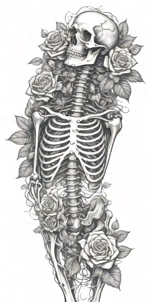 A Full skeleton with ribs arms legs laying in a rose bed wrapped in vines and flowers tattoo design idea