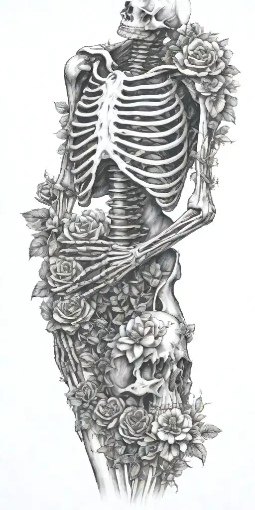 skeleton with arms, ribs, hands, legs, spine tattoo with flowers tattoo design idea