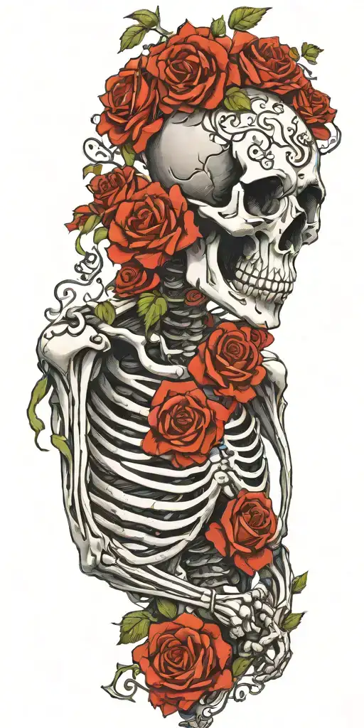 Skeleton with ribs and both arms and spine surrounded by roses and wrapped in vines tattoo design idea