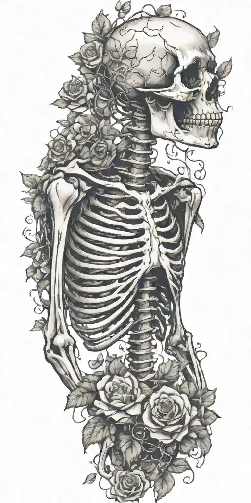 A Full skeleton with ribs arms legs laying in a rose bed wrapped in vines and flowers (shorter neck) tattoo design idea