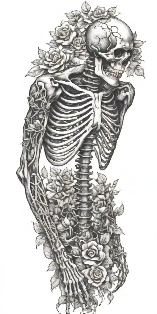 A Full skeleton with ribs arms legs laying in a rose bed wrapped in vines and flowers tattoo design idea