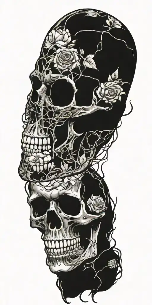 Full size skeleton, head to toe, not just a skull, wrapped in vines and roses like hes been there for years tattoo design idea