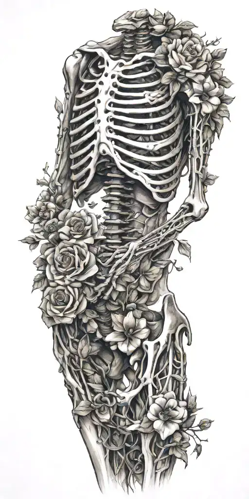 skeleton with arms, ribs, hands, legs, spine tattoo with flowers tattoo design idea