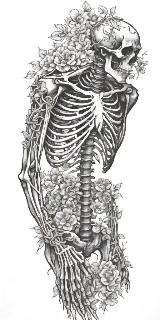 A Full skeleton with ribs arms legs wrapped in vines and flowers tattoo design idea