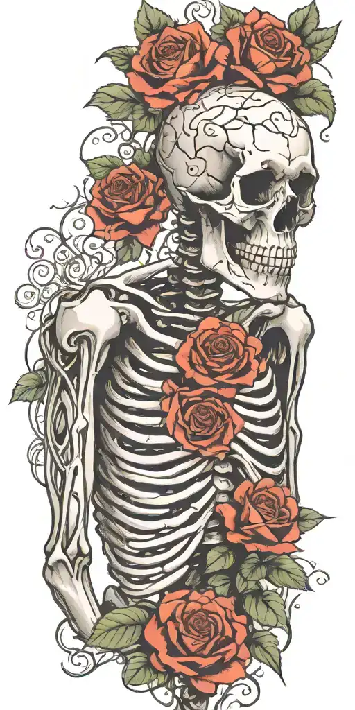 Skeleton with ribs and both arms and spine surrounded by roses and wrapped in vines with correct proportions tattoo design idea